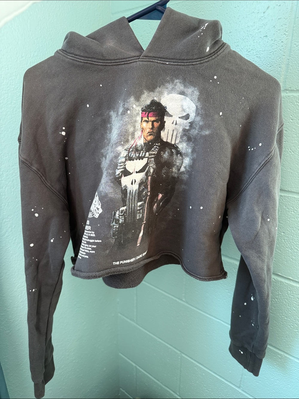 Darc Sport Charcoal Cropped Graphic Hoodie with White Paint Splatters